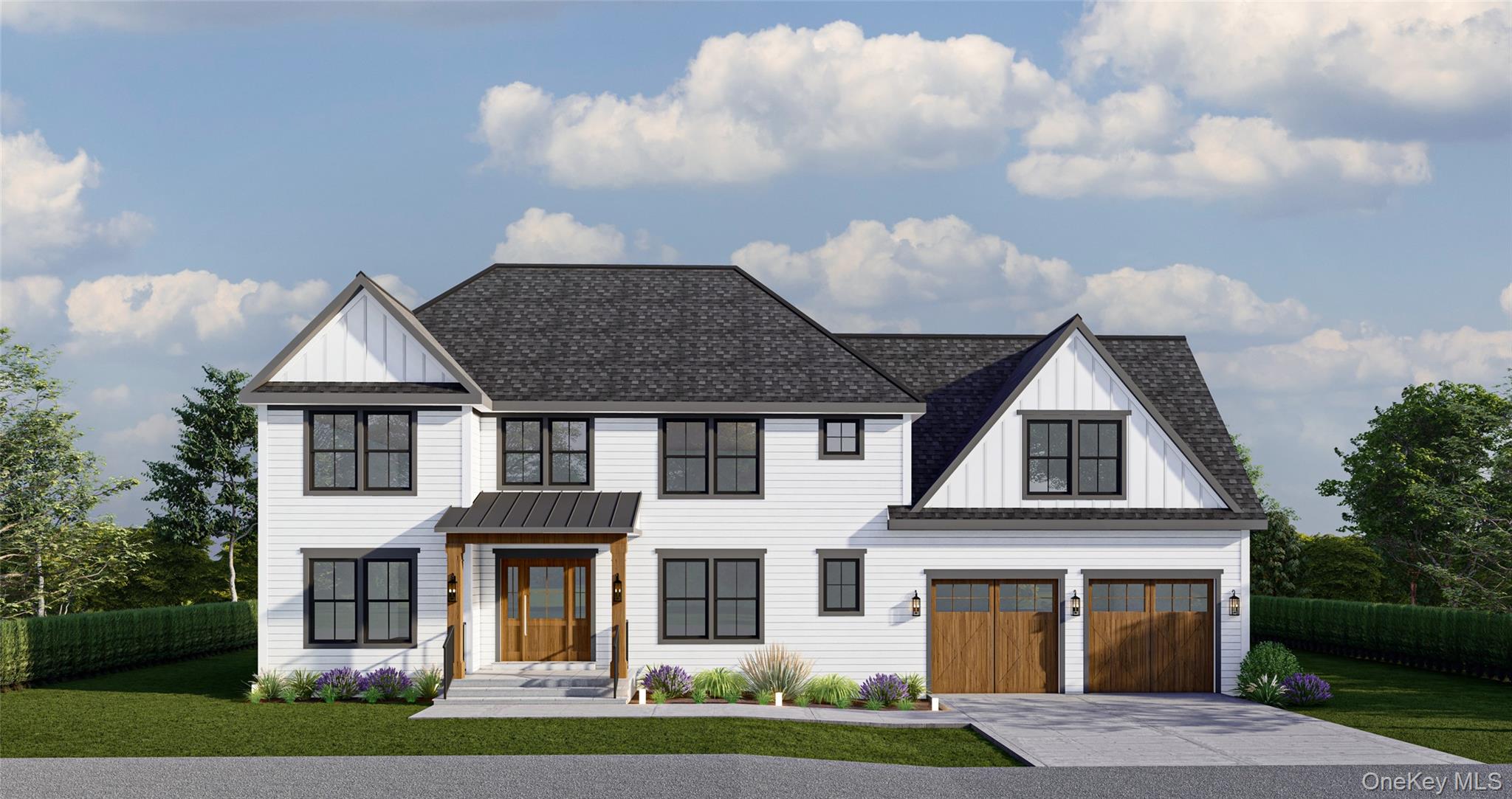 Modern inspired farmhouse featuring fence, a standing seam roof, board and batten siding, and a shingled roof