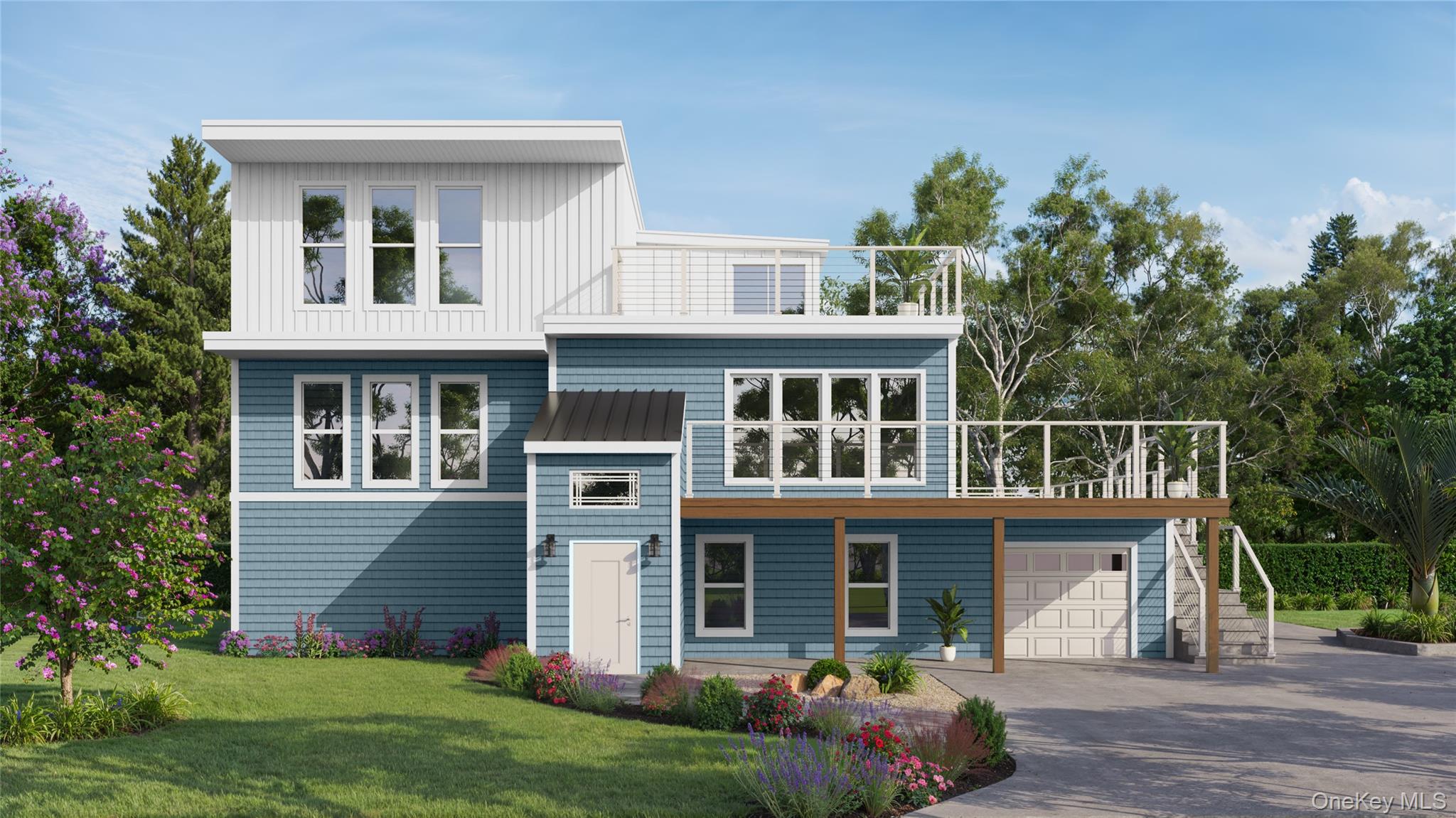 View of front of property with a standing seam roof, a front lawn, concrete driveway, a balcony, and metal roof this is a rendering