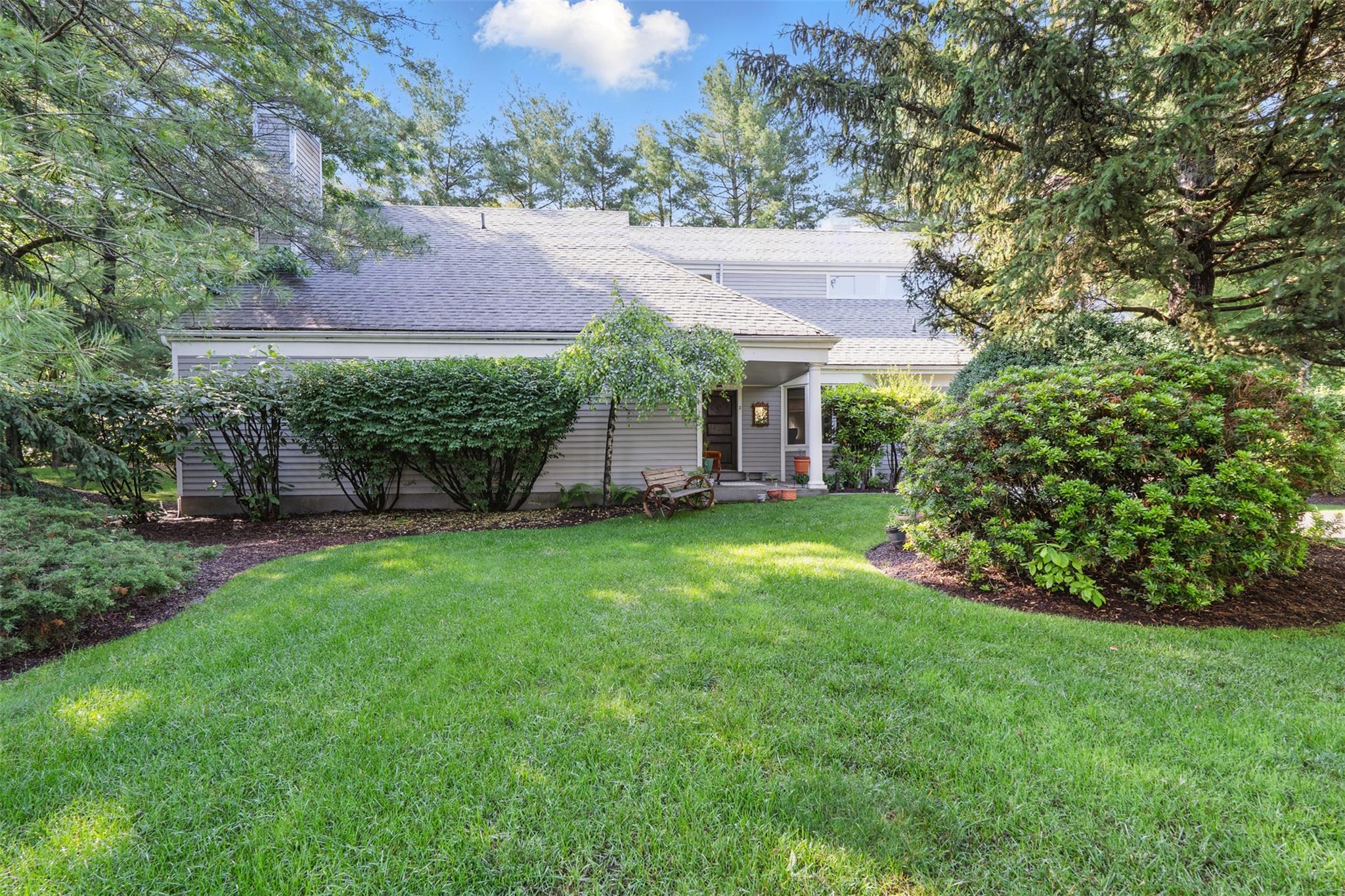 View of property hidden behind natural elements featuring a front lawn, a chimney, and a shingled roof