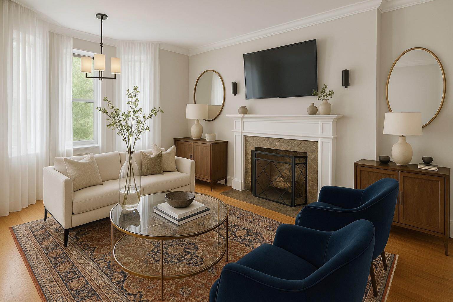 Living area featuring wood finished floors, crown molding, a fireplace with flush hearth, and a chandelier