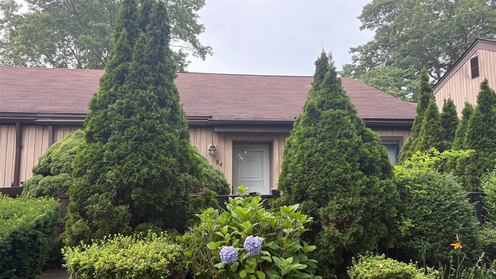 Obstructed view of property featuring board and batten siding and roof with shingles