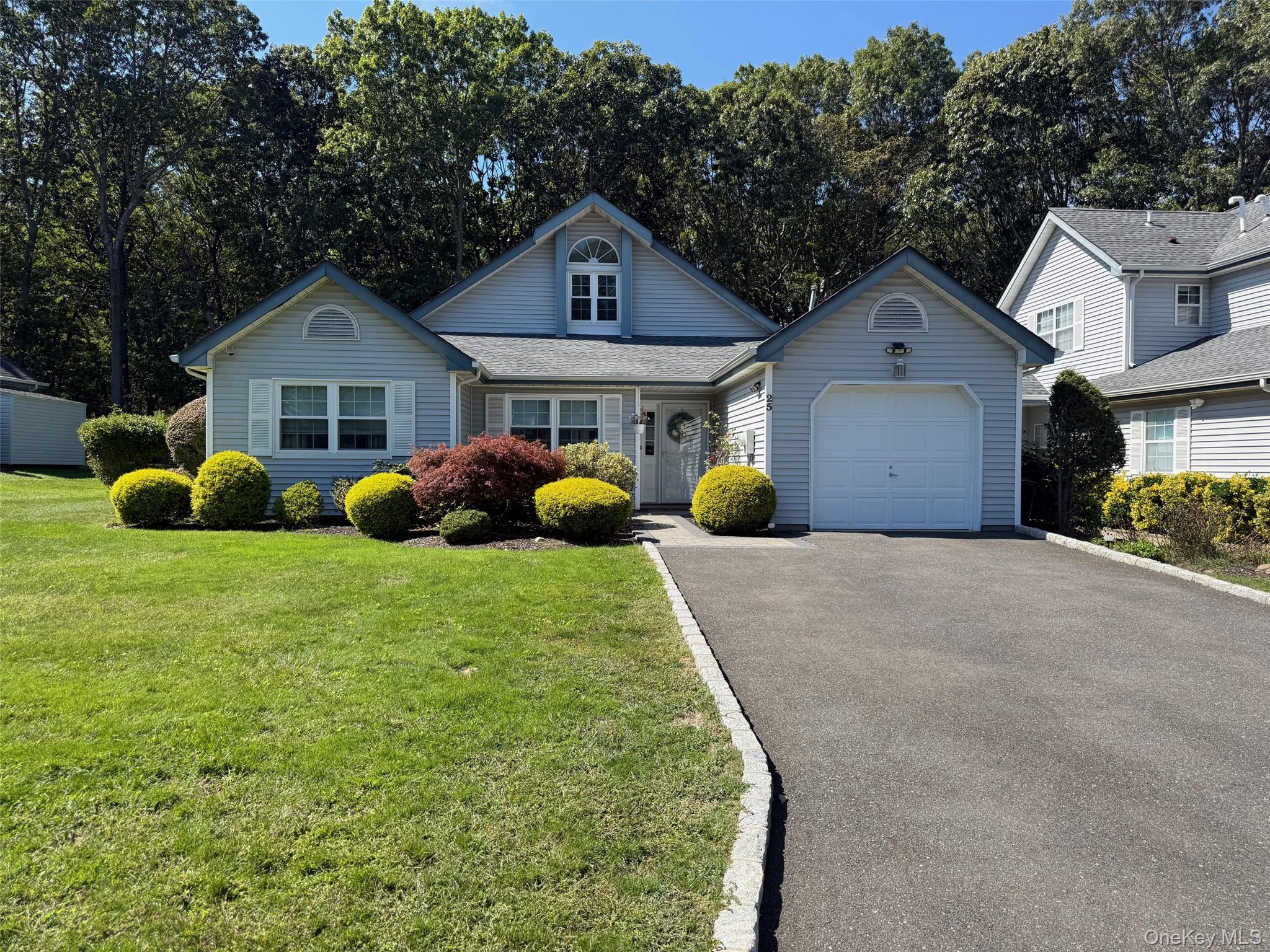 View of front of home featuring driveway and a front lawn