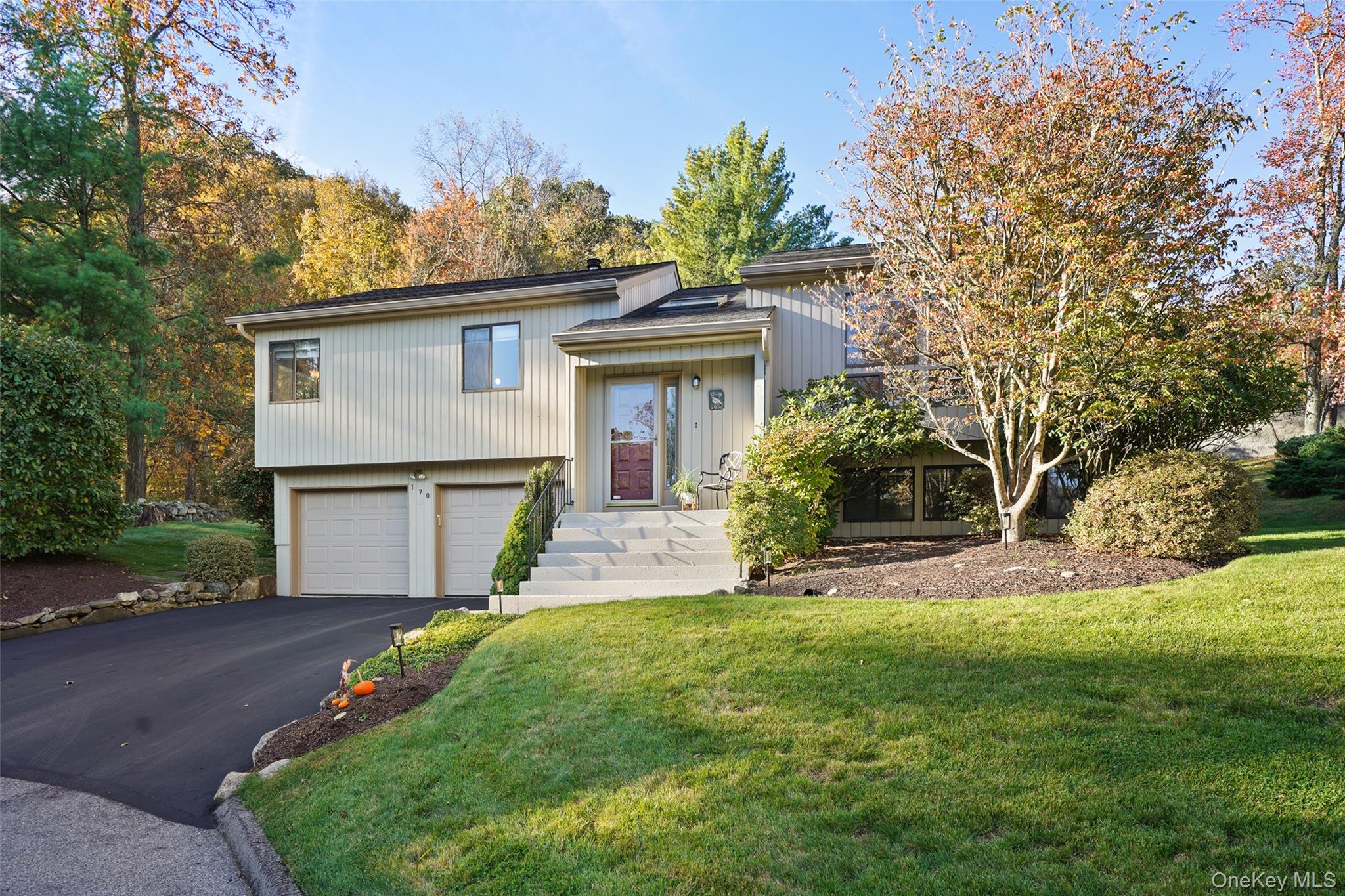 View of front facade featuring a front yard, driveway, and an attached garage
