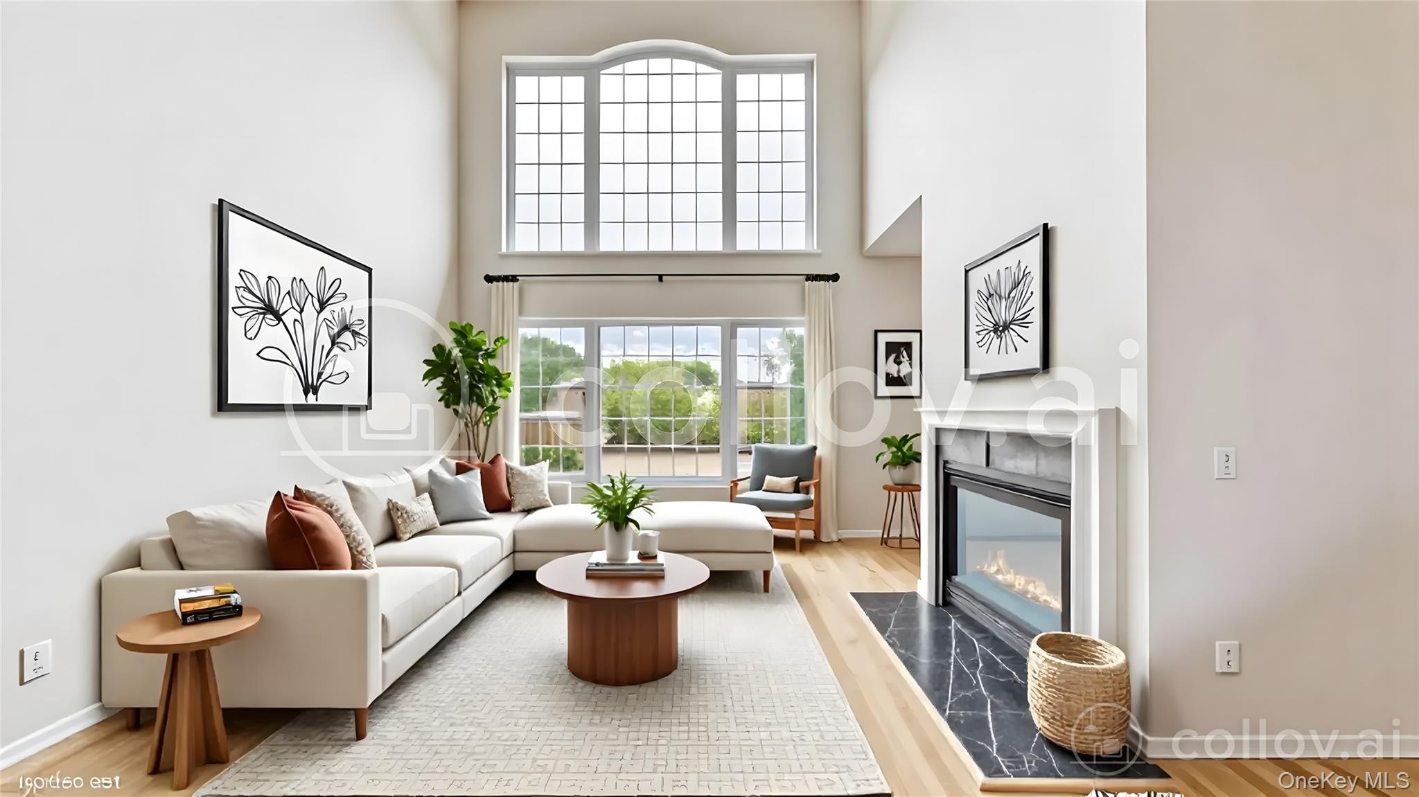 staged Living area featuring a high ceiling, light wood finished floors, and a premium fireplace