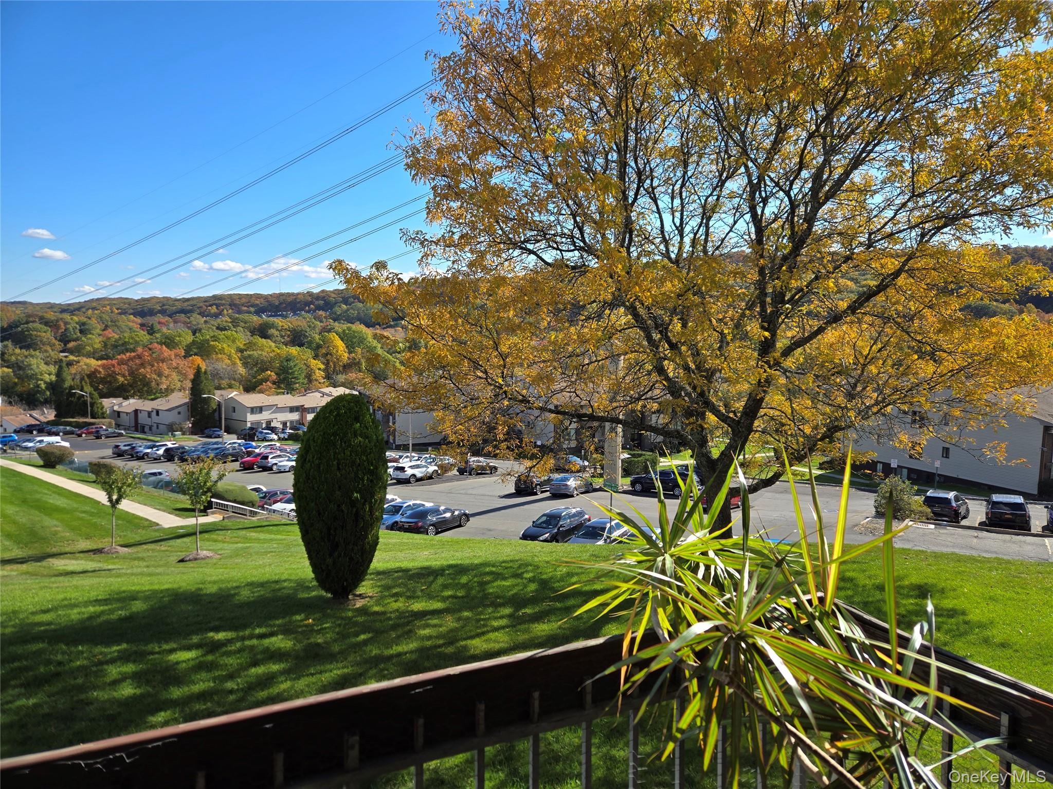 View of community featuring a lawn, a residential view, and a balcony
