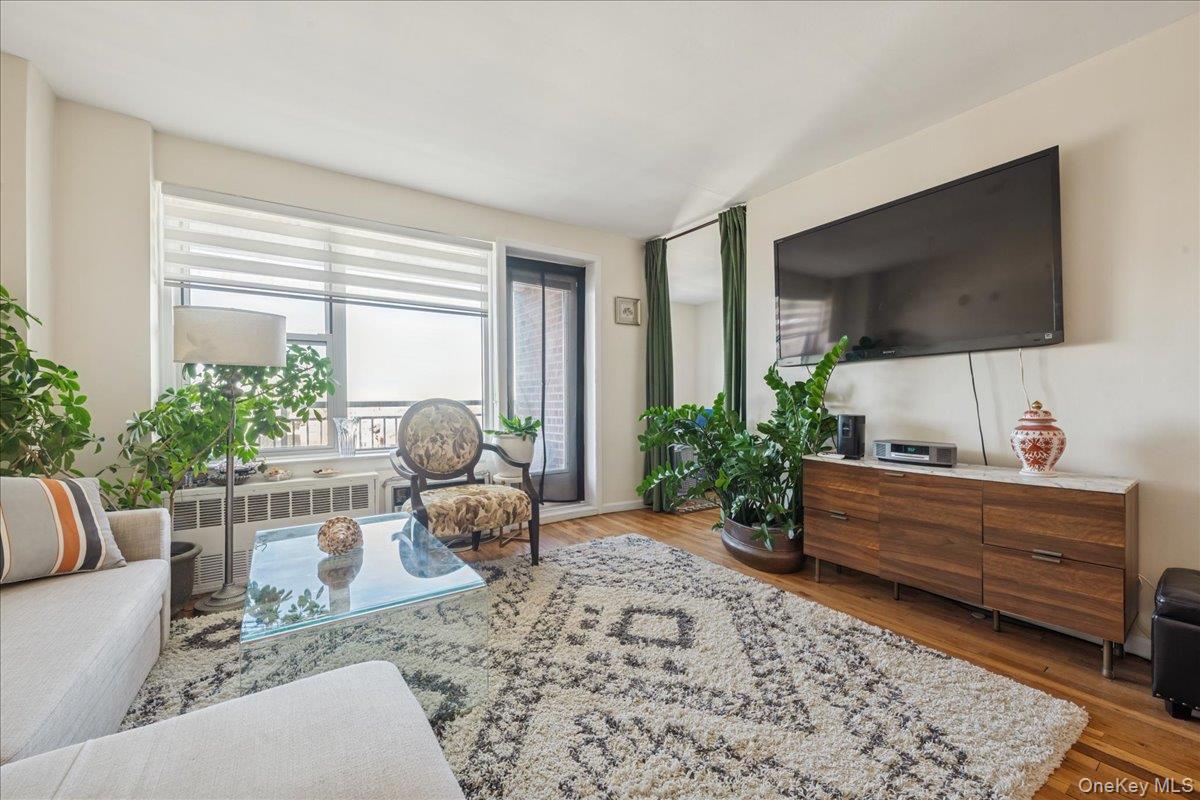 Living room with wood finished floors and radiator heating unit