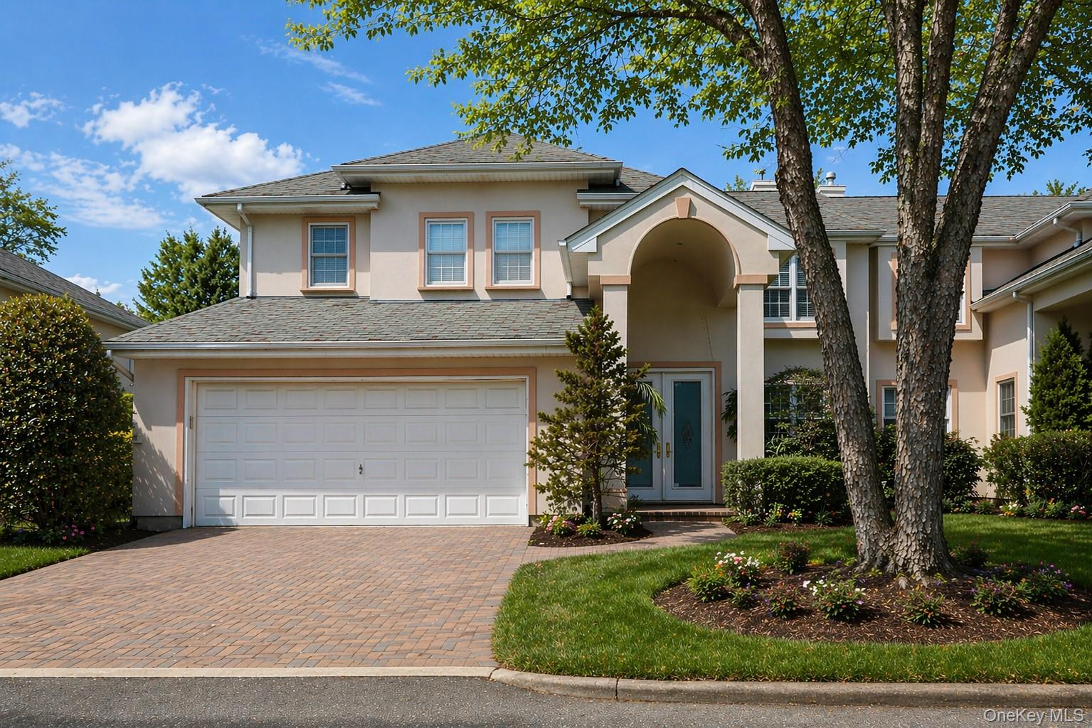 The property features a paved driveway leading to an attached garage, a manicured lawn with mature trees, and a grand arched entryway