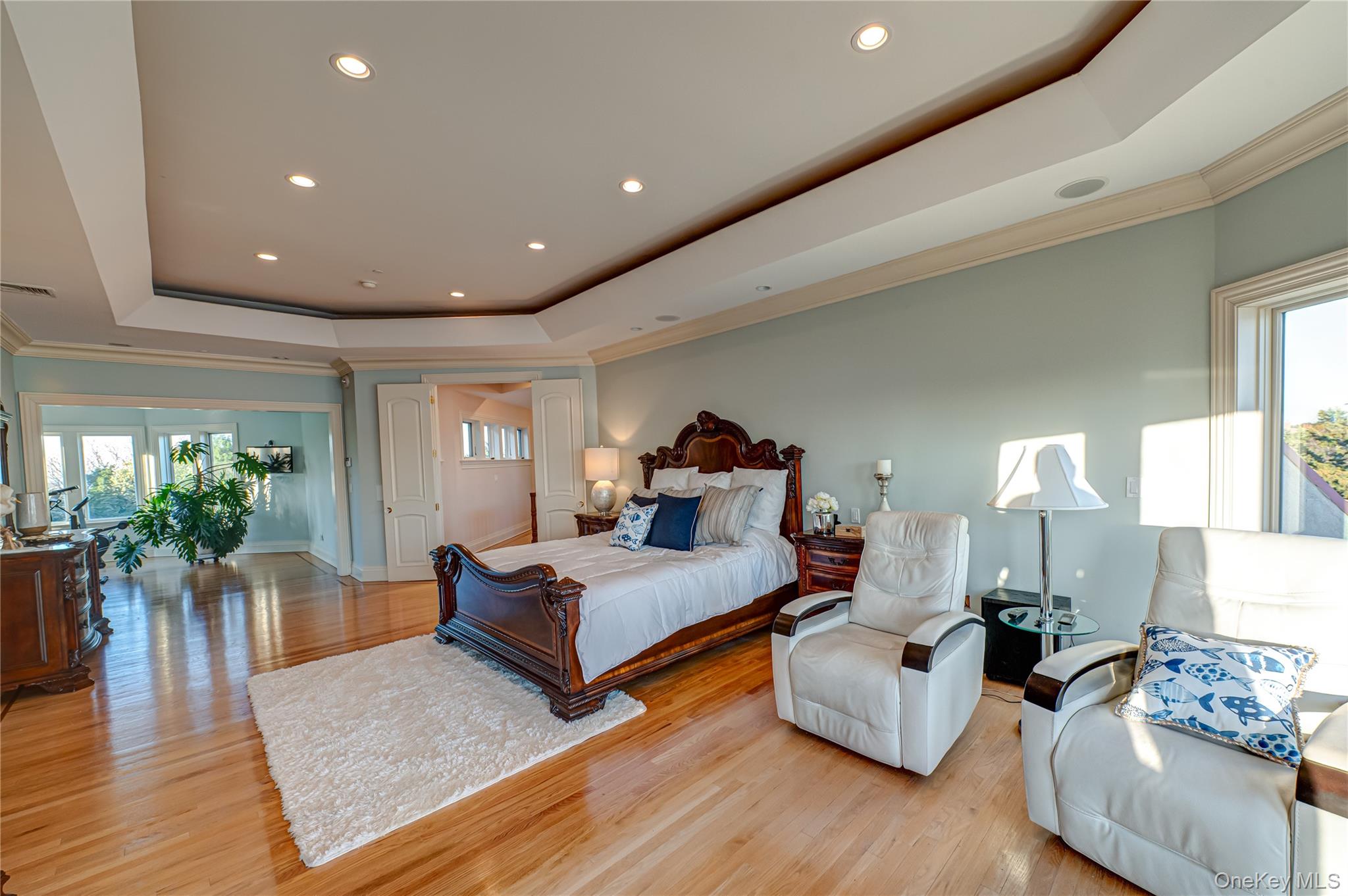 Bedroom featuring recessed lighting, a tray ceiling, and multiple windows