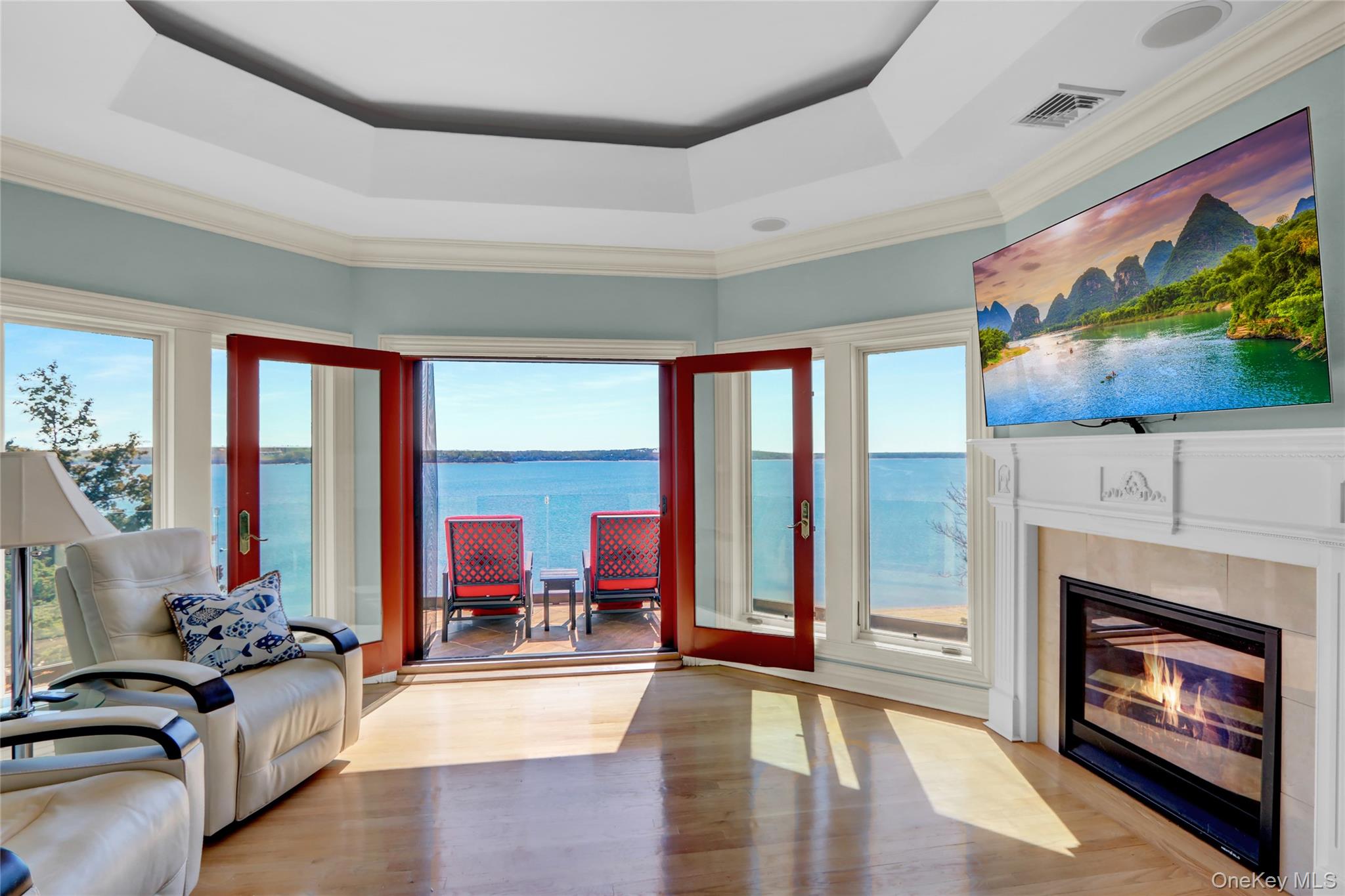 Living area featuring a glass covered fireplace, a raised ceiling, a wealth of natural light, and visible vents