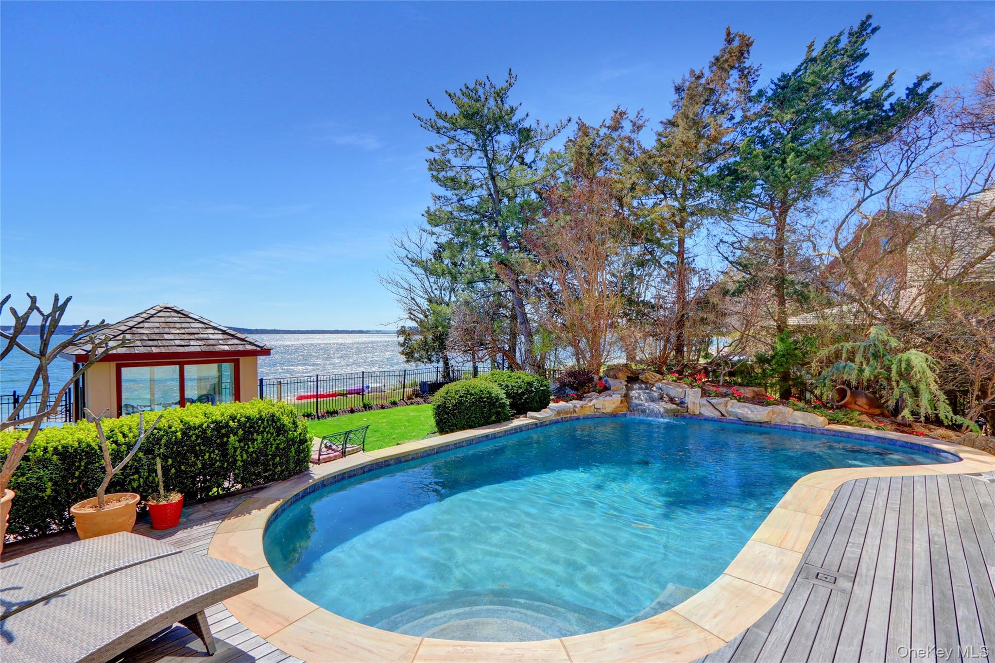 View of swimming pool with fence, a water view, and a fenced in pool