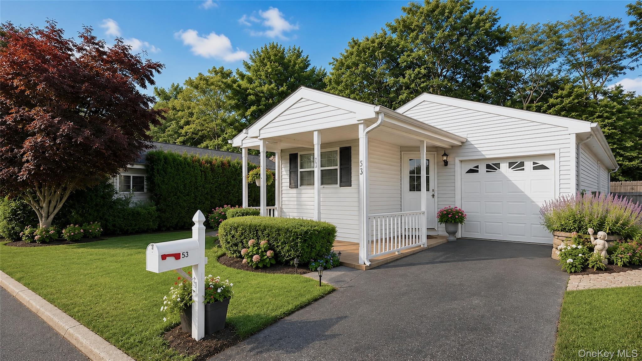 Welcoming ranch style exterior with an attached garage, private driveway, covered entry, and beautifully maintained landscaping.
